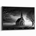Black and white wall art featuring a vintage-style church landscape on framed canvas, suitable for bedroom decor.