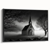Black and white wall art featuring a vintage-style church landscape on framed canvas, suitable for bedroom decor.