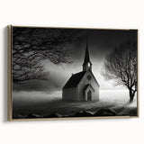 Framed canvas landscape art painting featuring a vintage church design in muted gold and black tones.