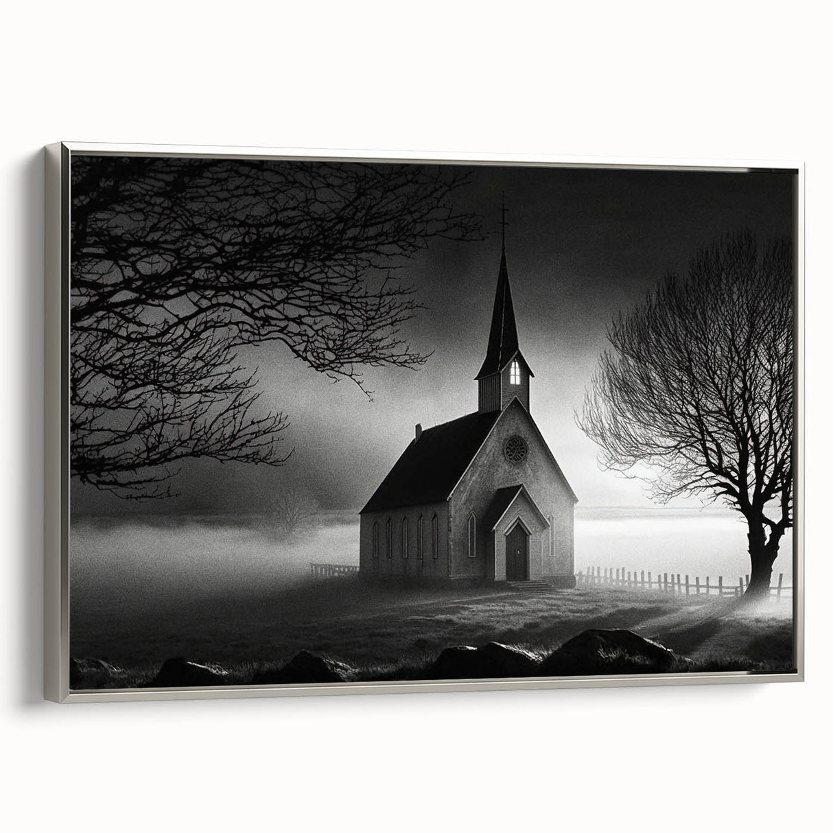 Vintage poster art of a church, in muted black and colorful hues on framed canvas, suitable for extra large living room wall.