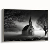 Vintage poster art of a church, in muted black and colorful hues on framed canvas, suitable for extra large living room wall.