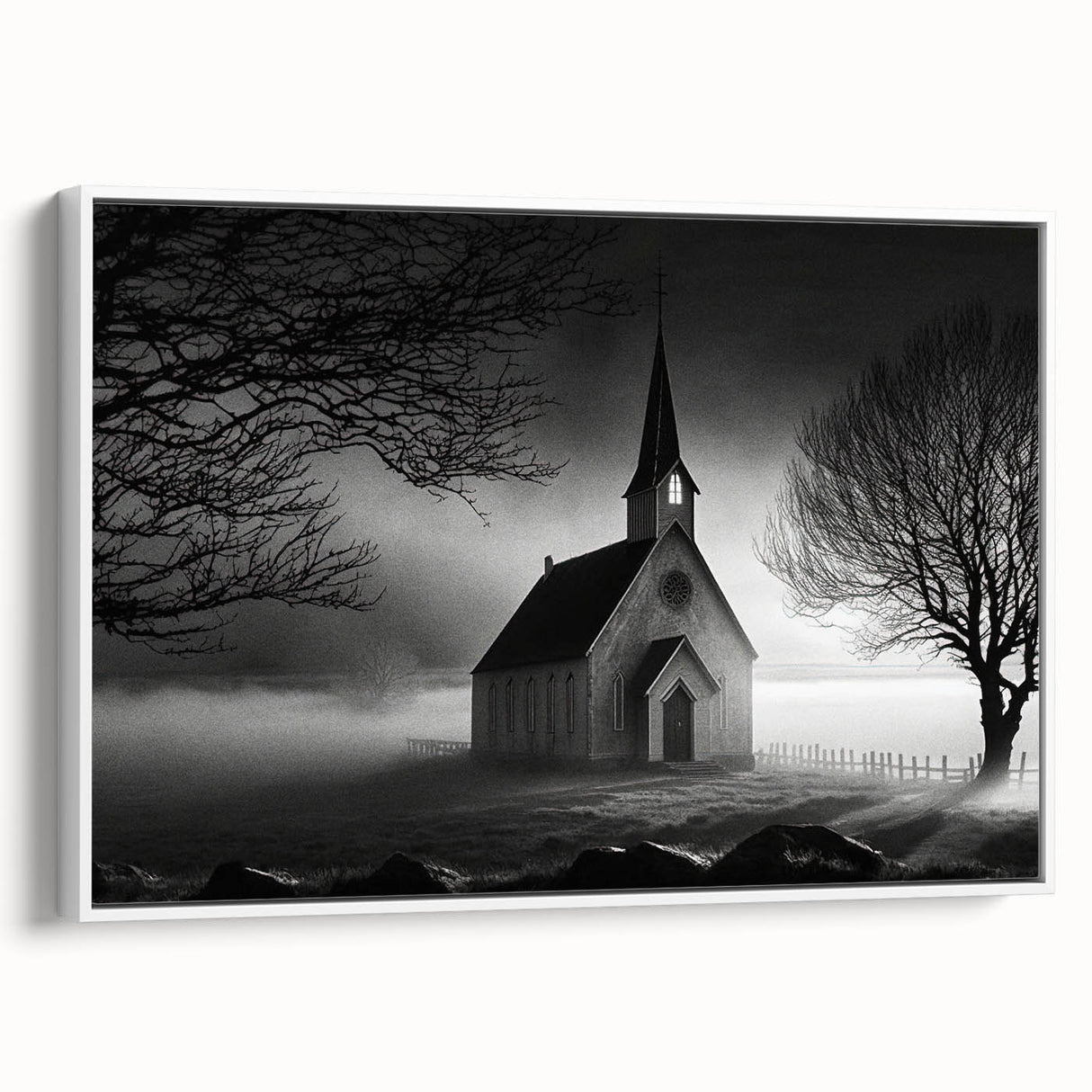 Framed canvas of a vintage landscape painting featuring a church, in muted earth tones, ideal for bedroom wall art.