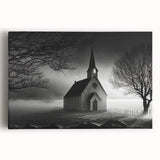 Black and white photo of a church on stretched canvas, suitable as large kitchen wall art.