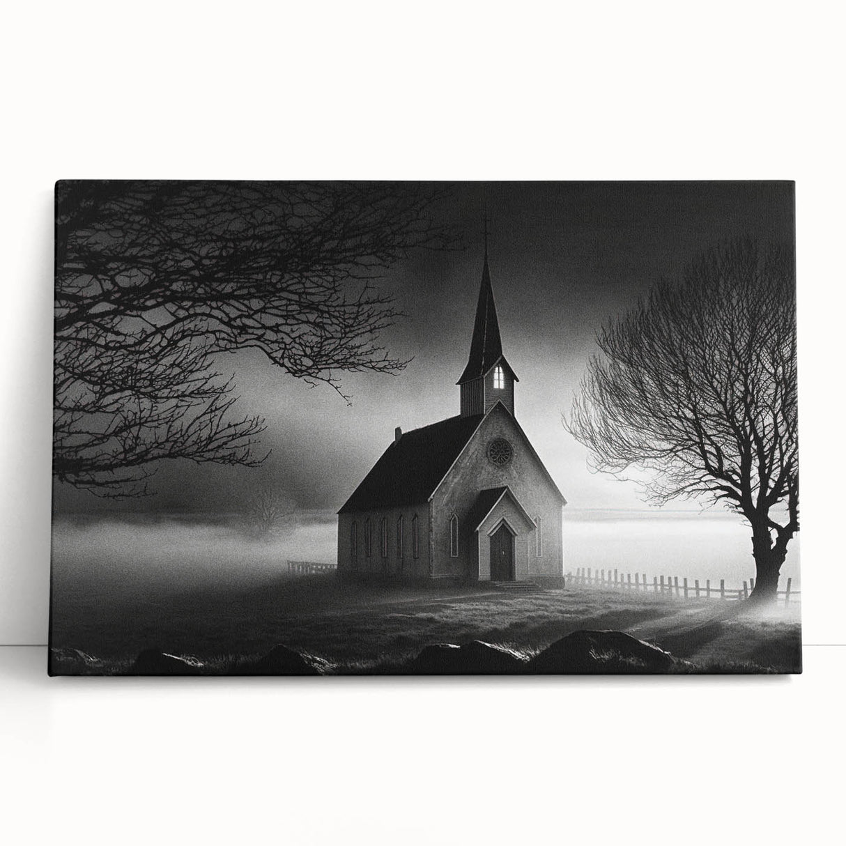 Black and white photograph of a church on stretched canvas, suitable for kitchen wall art or bedroom.