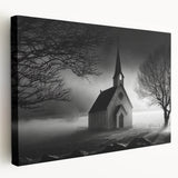 Side view of a stretched canvas depicting a serene church landscape in soft pastel hues, ideal for kitchen wall art.
