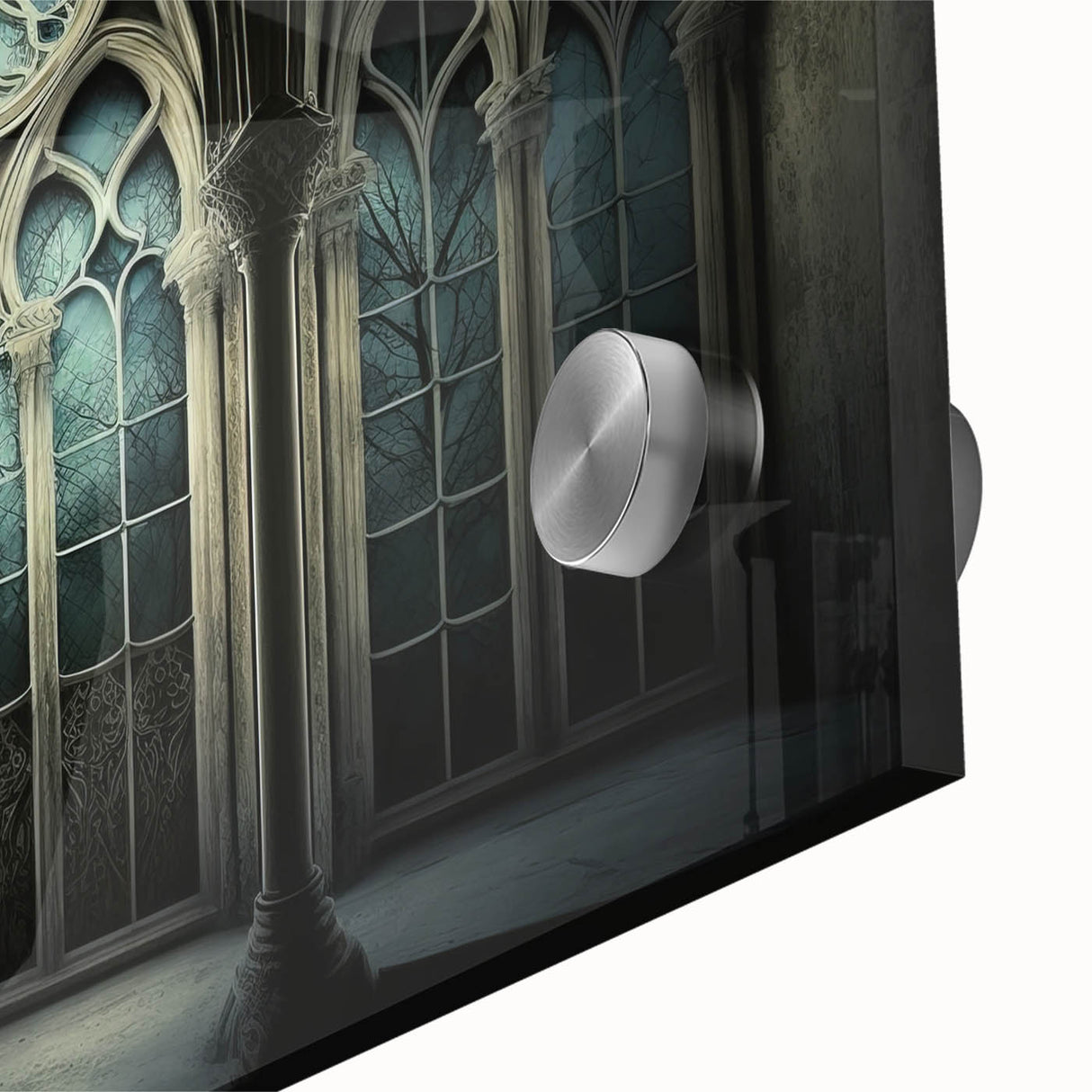 Large abstract wall art on acrylic glass featuring mid-century modernist church designs in muted earth tones.