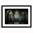 Extra large abstract art print featuring a colorful, textured depiction of various churches, on a black framed canvas.