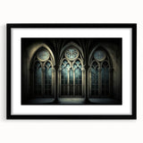 Extra large abstract art print featuring a colorful, textured depiction of various churches, on a black framed canvas.