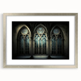 Abstract art print of a church in muted gray tones on a framed silver mat, suitable for dining room decor.