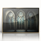 Mid-century modernist art depicting a church, in soft pastel shades on framed acrylic, ideal for nursery wall art.