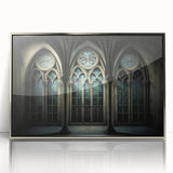 Framed acrylic print of a stylized church in art deco style, featuring silver and gray tones.