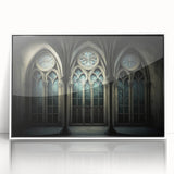 Mid-century modernist church design in muted gray and blue tones on a framed acrylic, ideal for nursery wall art.