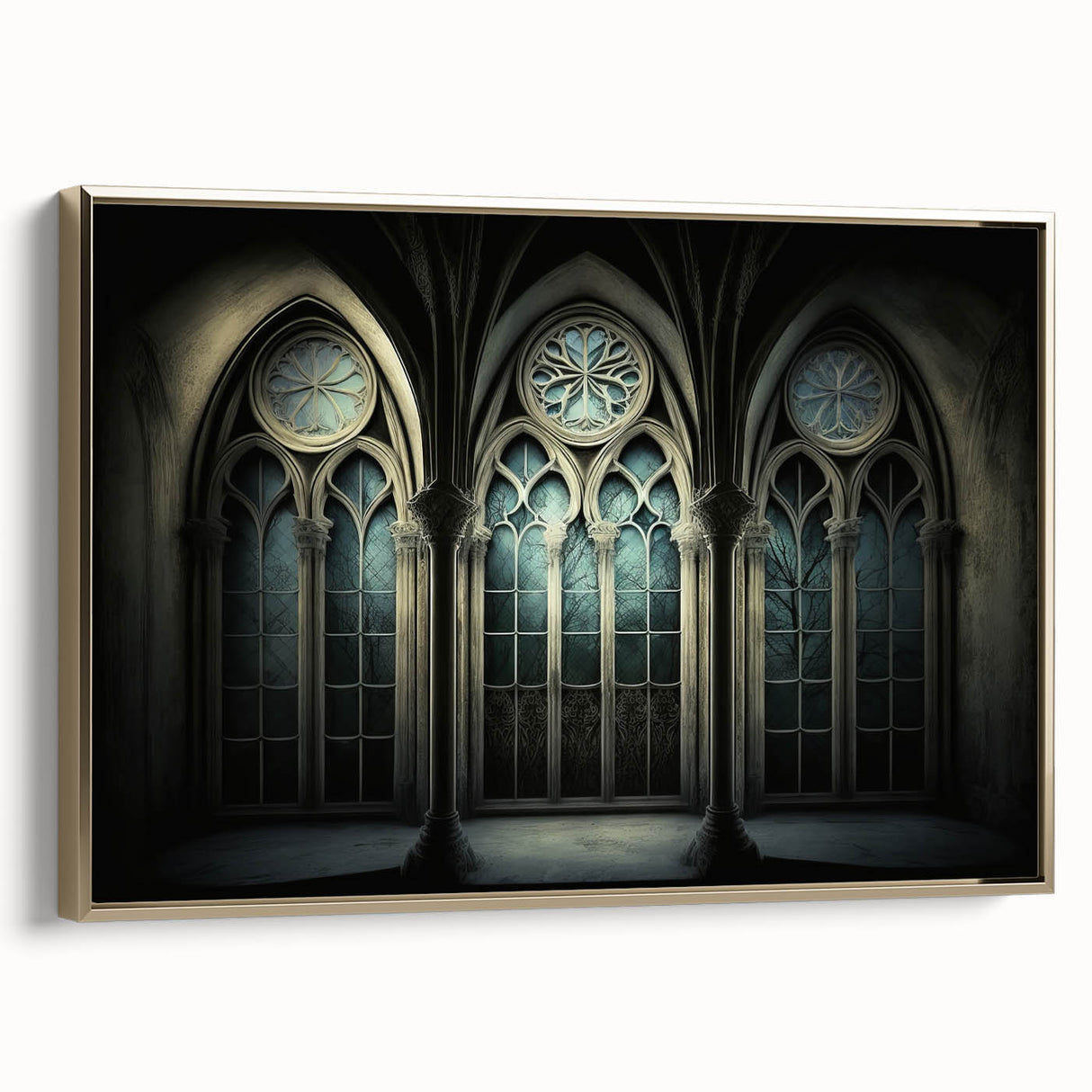Framed canvas featuring a vintage poster art of a colorful landscape with churches, in gold and black tones.