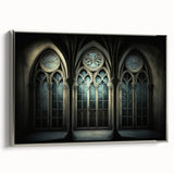 Vintage poster art of a church on a large framed canvas, featuring a black and colorful palette.