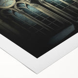 Art Deco poster featuring a geometric church design in muted gold and white on rolled canvas.