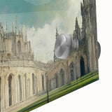 Large abstract wall art featuring mid-century modernist church designs in muted tones on acrylic glass.