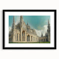 Extra large abstract art print featuring a colorful, textured depiction of a church, in a black frame with mat.