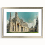 Abstract art print featuring geometric shapes in muted gray and blue, framed in silver, suitable for dining room decor.