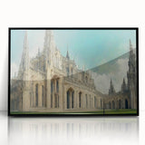 Large abstract wall art depicting a mid-century modernist church design in black and white tones, framed acrylic.