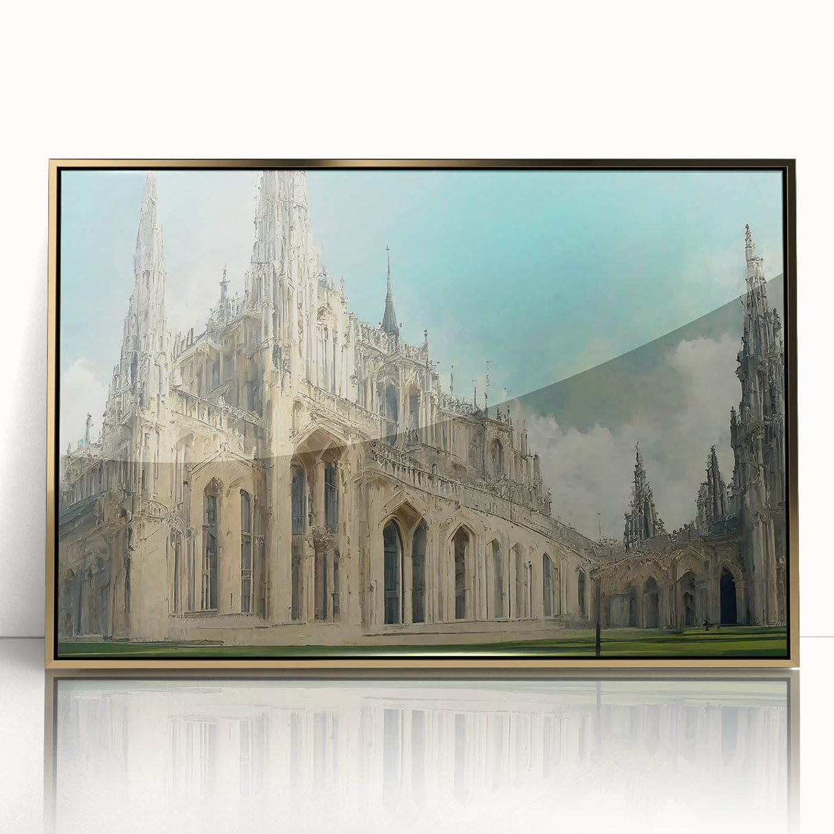 Mid-century modernist art of a church in muted gold and white tones on a framed acrylic, ideal for nursery wall decor.