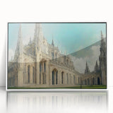 Large art print of a mid-century modernist church in muted earth tones on a white framed acrylic.