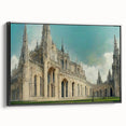 Black and white vintage poster art of a church landscape on framed canvas, suitable for bedroom ambiance.