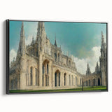 Black and white vintage poster art of a church landscape on framed canvas, suitable for bedroom ambiance.