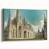 Framed canvas featuring a vintage landscape painting of a church, utilizing a palette of black and colorful art.