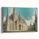 Vintage poster art of a church in muted black and colorful strokes on a framed canvas, suited for living room decor.