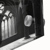 Large abstract wall art on acrylic, featuring mid-century modernist church design in muted earth tones.