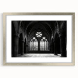 Abstract art print of a church in muted gray and silver tones on a framed canvas, suitable for dining room decor.