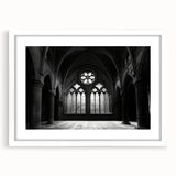 Extra large abstract art print featuring textured patterns in cool blue and white tones on a framed canvas.