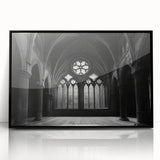 Large abstract wall art depicting a mid-century modernist church in muted gray and blue tones, framed in black acrylic.