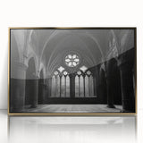 Mid-century modernist church design in gold tones on framed acrylic, ideal for nursery wall art.