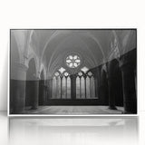 Mid-century modernist church design in muted gray and white tones on a framed acrylic, ideal for nursery wall art.