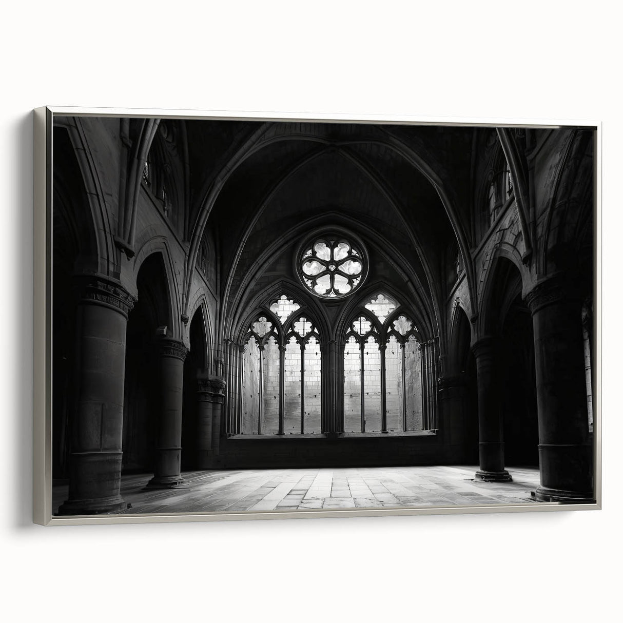 Vintage poster art of a church in muted colors, framed canvas, ideal for living room decor.