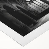 Art deco poster featuring a geometric church design in muted gold and black, ideal for dining room wall art.