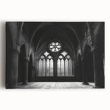 Large black and white photo of a church, printed on stretched canvas, suitable for kitchen wall art.
