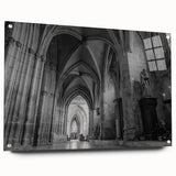 Large abstract wall art on acrylic glass depicting a vibrant, colorful church scene.