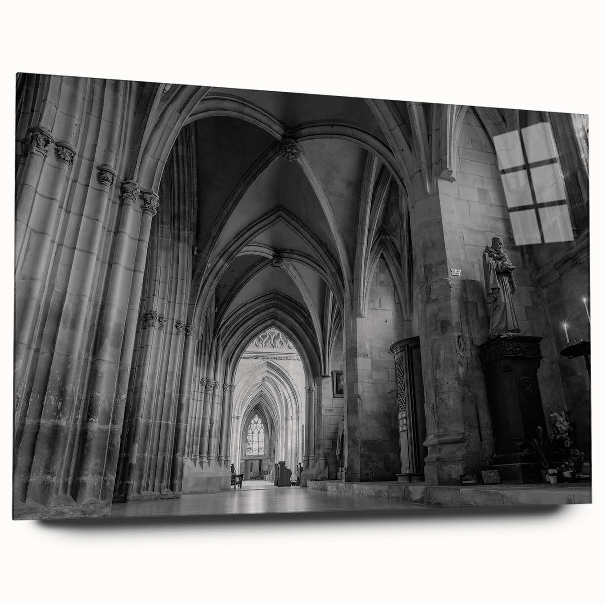 Large abstract wall art on acrylic glass depicting a monochrome church design, suitable for bedroom or dining room decor.