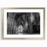 Abstract art print of a church in muted silver and gray tones on a framed canvas, ideal for dining room decor.