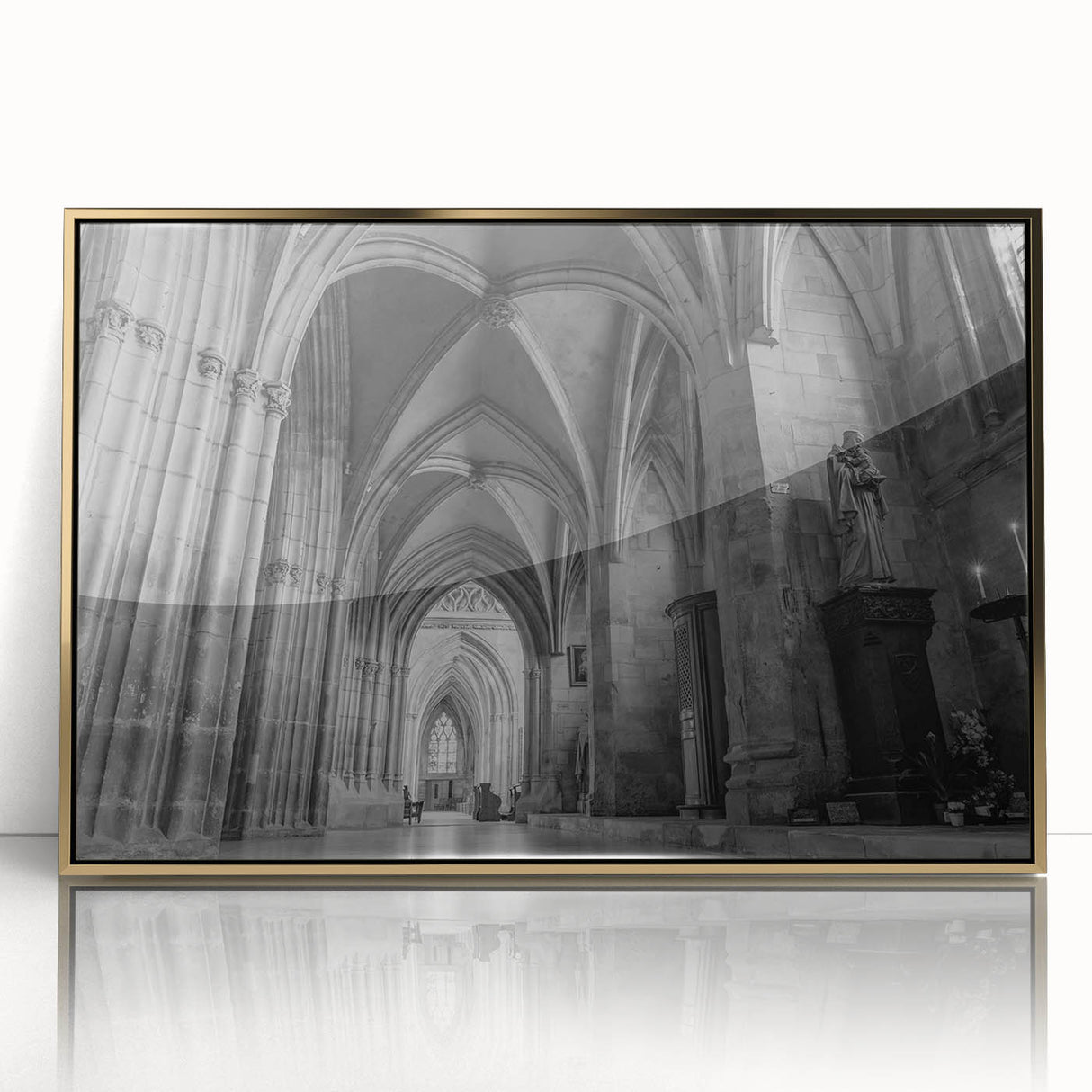 Mid-century modernist church design in gold and white tones on a framed acrylic, ideal for nursery wall art.