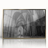 Mid-century modernist church design in gold and white tones on a framed acrylic, ideal for nursery wall art.