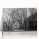 Mid-century modernist church design in muted earth tones on white acrylic, ideal for nursery wall art.