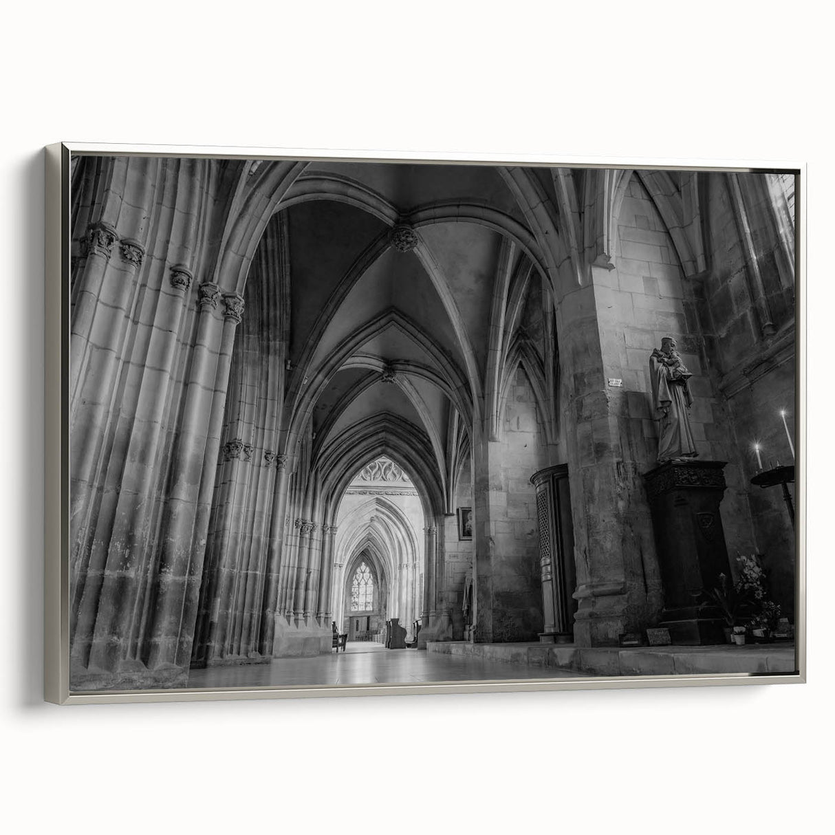 Vintage poster art of a church, rendered in colorful strokes on a large black framed canvas, suited for living room decor.