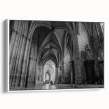 Framed canvas featuring a vintage-style black and white landscape painting of a church, ideal for bedroom wall art.