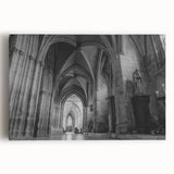 Large black and white photo of a church on stretched canvas, ideal for kitchen wall art.