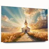 Large abstract wall art depicting a church, in muted gray and blue tones on acrylic glass.