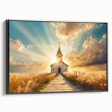 Black and white framed canvas depicting a vintage church landscape, ideal for bedroom wall decor.