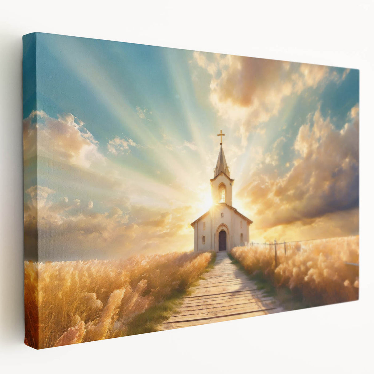 Large canvas print of a classic church design in muted earth tones, suitable for kitchen wall art.